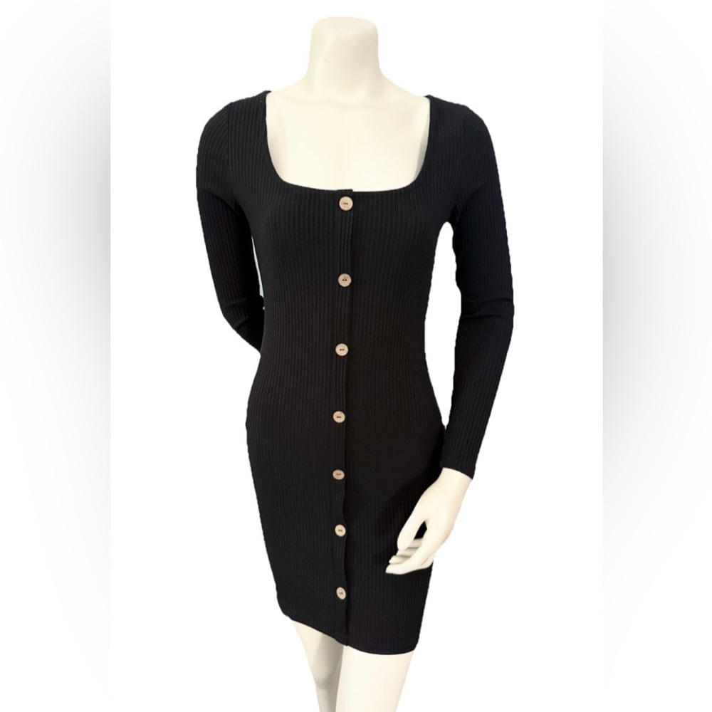 IRIS Black Ribbed Knit Long Sleeve Sweater Bodycon Dress | Women’s Large